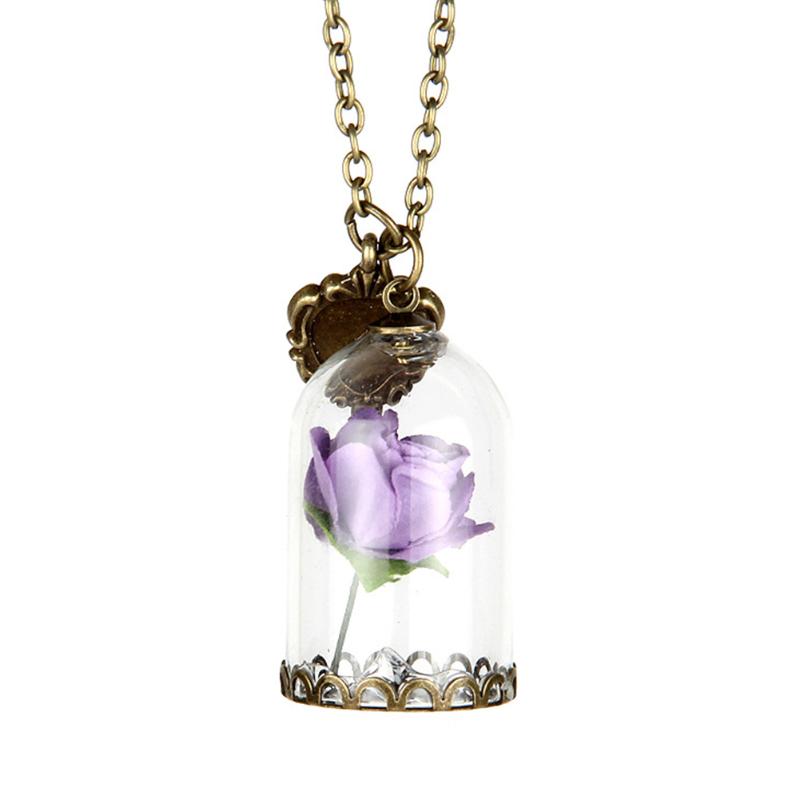 

Chains Necklace Enchanted Rose In Terrarium Pendant Plated Valentines Day Fairy Tale Victorian Jewelry, Silver