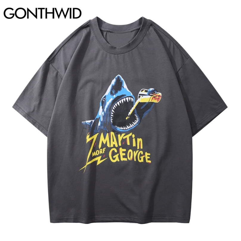 

Harajuku Tees Shirt Funny Drinking Shark Print Casual Cotton Tshirts Hip Hop Fashion Loose Streetwear Short Sleeve Tops 210602, Black