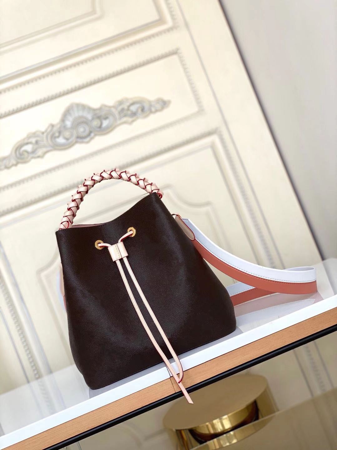 

Fashion Women Bucket Shoulder Bags Genuine Leather Handbag Calf Single Diagonal Ladies Totes N40344 N45577, Brown flower