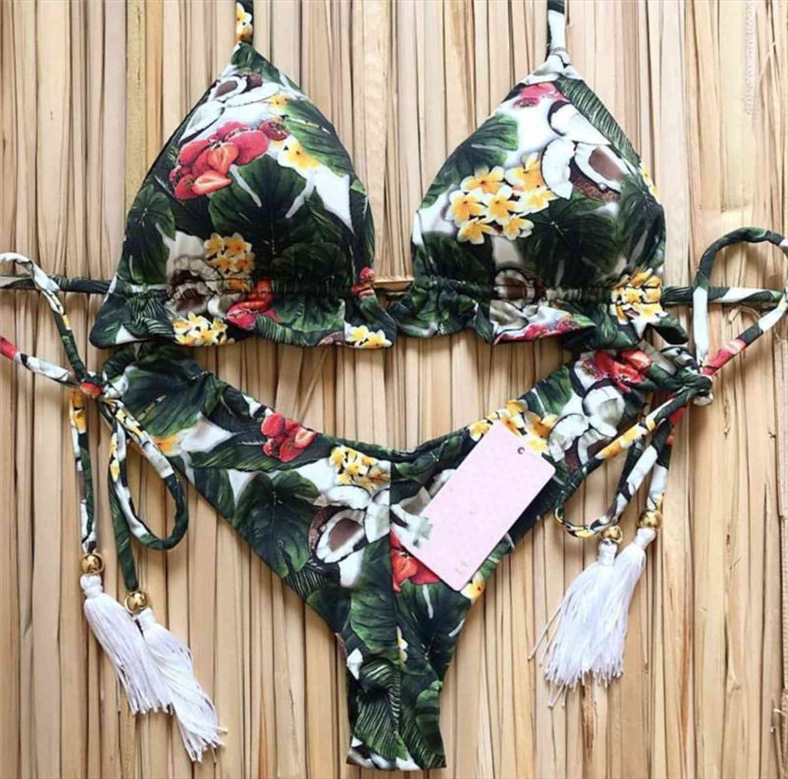 

floral printed brazilian bikini womens swimwears women push up set, White;black
