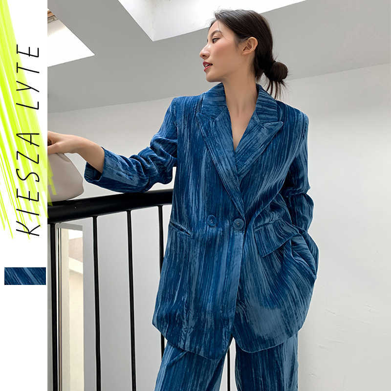 

Runway Fashion Pant Suits 2 Piece Set for Women Blue Velvet Blazer Jacket & Trouser Spring Autumn Korean Sets 210608, Pants