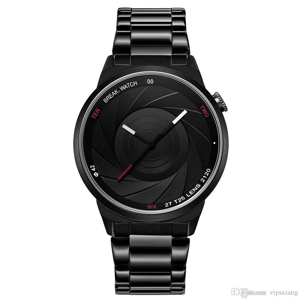 

Men Luxurious Quartz Watch black stainless steel strap military Watches Camera shutter shape Waterproof Photographer series wristwatch, White&leather belt