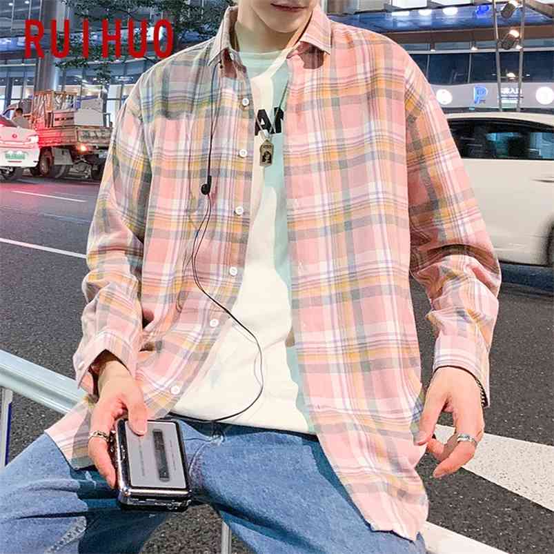 

RUIHUO Harajuku Mens Shirt Plaid s For Clothing Checkered Blouse M-4XL Spring Arrival 210721, Light blue plaid