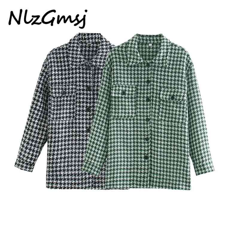 

Jacket Women Fashion Houndstooth Frayed Tweed Coat Vintage Long Sleeve Pockets Female Outerwear Chic Tops 210628, As picture