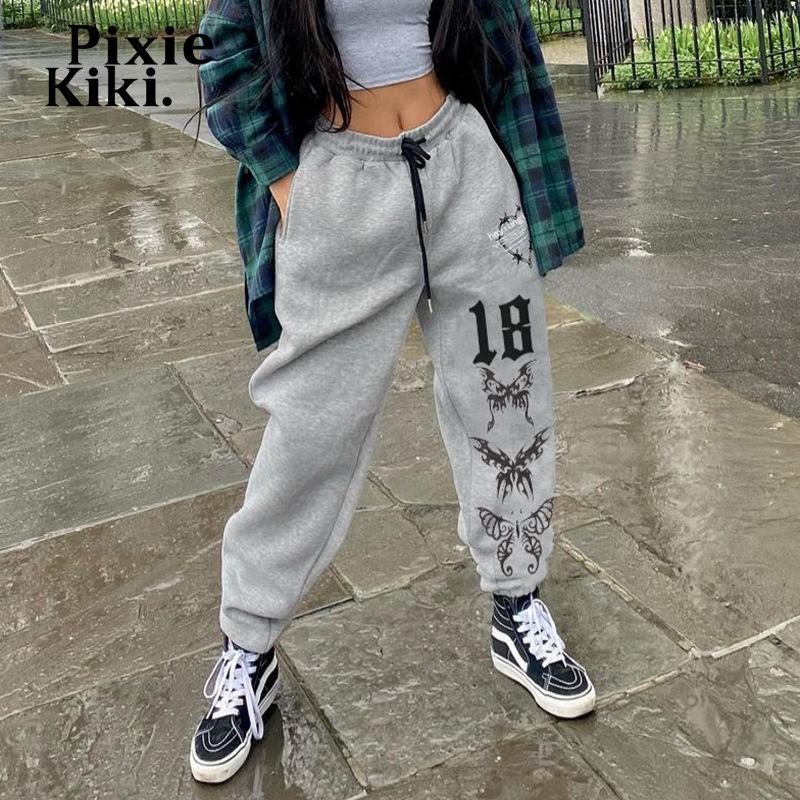 

Women's Pants & Capris PixieKiki Cyber Y2k Graphic Drawstring Sweatpants Butterfly Printed Gray Joggers Streetwear Women Trendy P67-DC40, Black;white