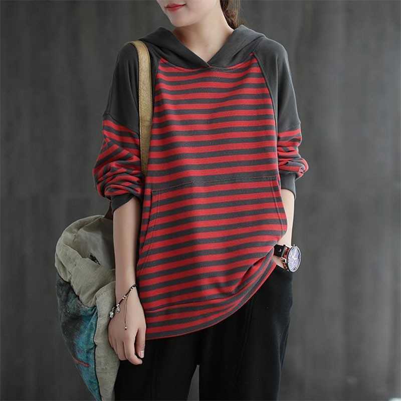 

Spring Autumn Arts Style Women Long Sleeve Loose Hooded Pullovers Patchwork Stripe Casual Hoodies Big Size M694 210608, Blue