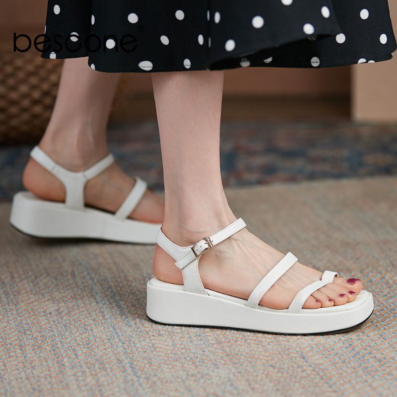 

Women Sandals Summer Platform Narrow Band Genuine Leather Buckle Strap Flat With Blue Casual Lady Shoes EO142 Dress
