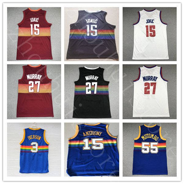 

Men Denver Nuggets Nikola 15 Jokic Jamal 27 Murray Jerseys Basketball Throwback Dikembe 55 Mutombo Allen 3 Iverson Jersey, Black;red