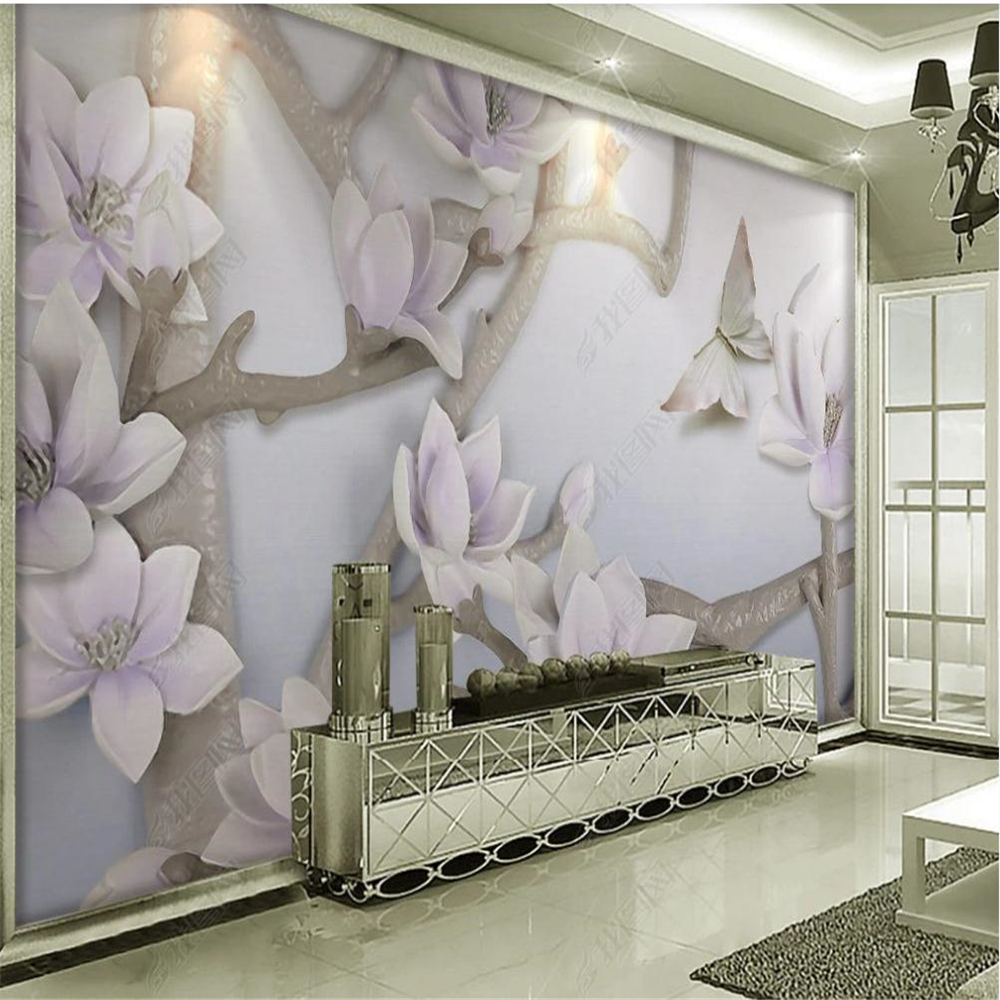 

3D three-dimensional relief butterfly wallpapers white magnolia living room background wall decoration painting