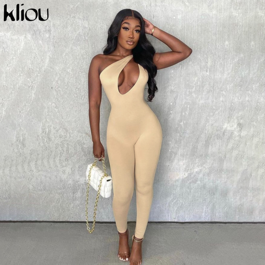 

Kliou One Shoulder Sexy Cut Out Rompers Womens Jumpsuit 2021 Streetwear Solid Backless Active Wear Skinny Slim Jumpsuits Summer, Black