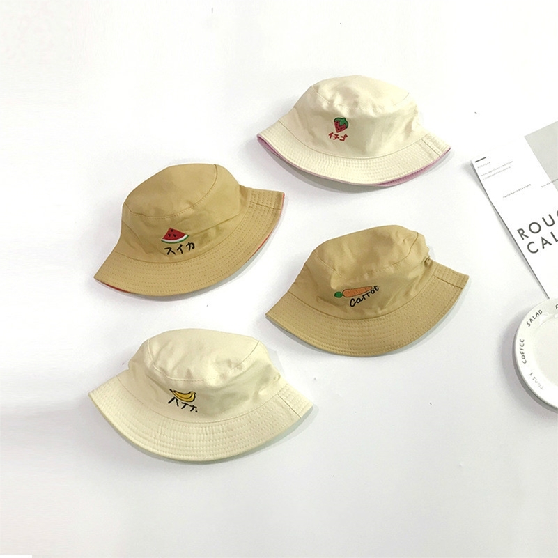 

Summer fruits embroidery Double hats for boys and girls Korean style fashion casual bucket hat cap 210708, Strawberry