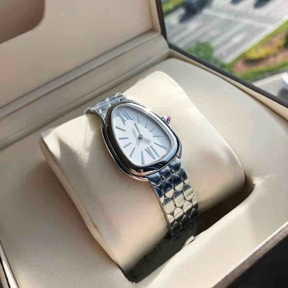 

B Designer Luxury Snake-shaped watch with diamond rim full silver steel band quartz snake blue needle ear mesh belt oval female, Additional charges