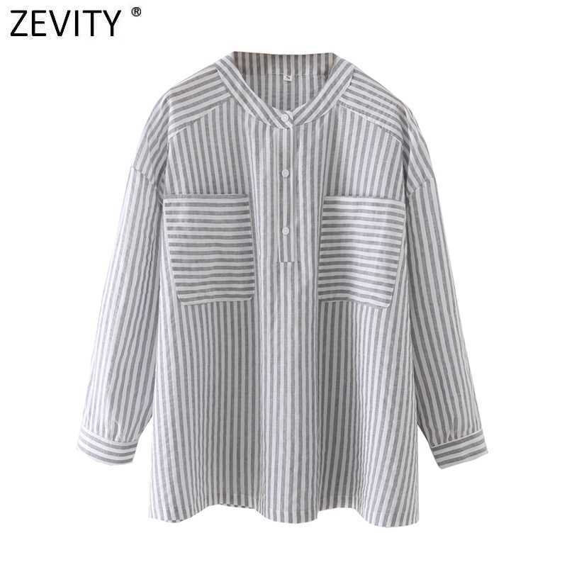 

Zevity Women Vintage Stand Collar Striped Print Shirt Female Double Pockets Patch Casual Business Blouse Chic Blusas Tops LS9152 210603, As pic ls9152xz