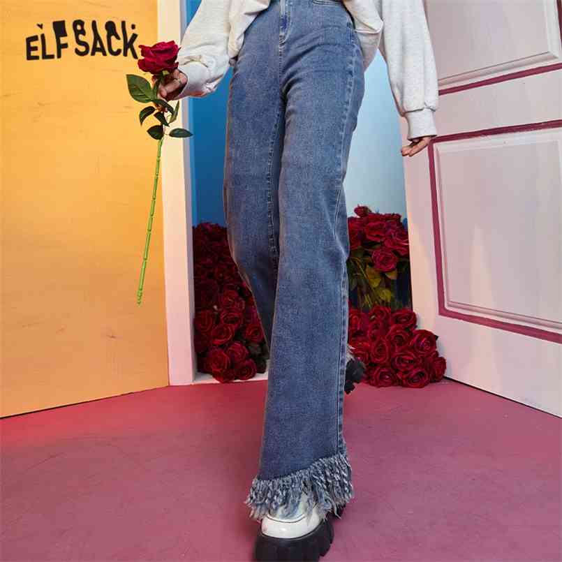 

ELFSACK Blue Solid High Waist Washed Casual Flare Jeans Women, Spring Pure Raw Gem Minimalist Ladies Basic Daily Trousers 210720