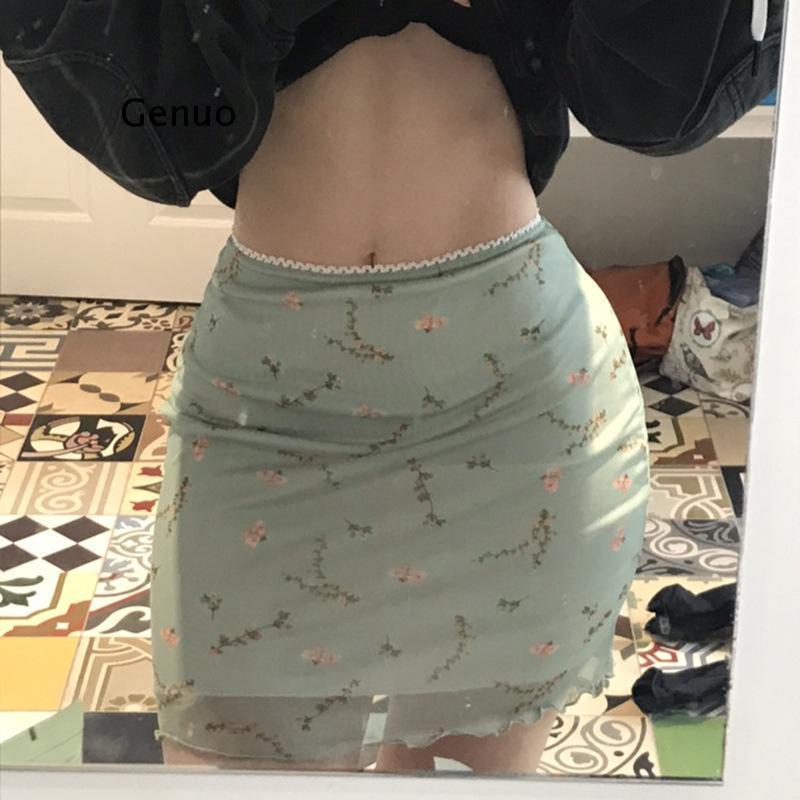 

Skirts Floral Print Green Sweat Cute Bodycon Skirt Women Double Layer Mesh Y2K Summer High Waist Short Streetwear 2021