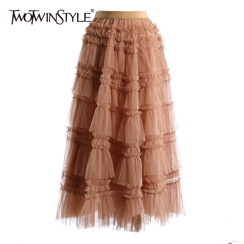 

Patchwork Ruffle Black Skirt For Women High Waist Casual Ball Gown Skirts Female Fashion Clothing Spring 210521, Pink