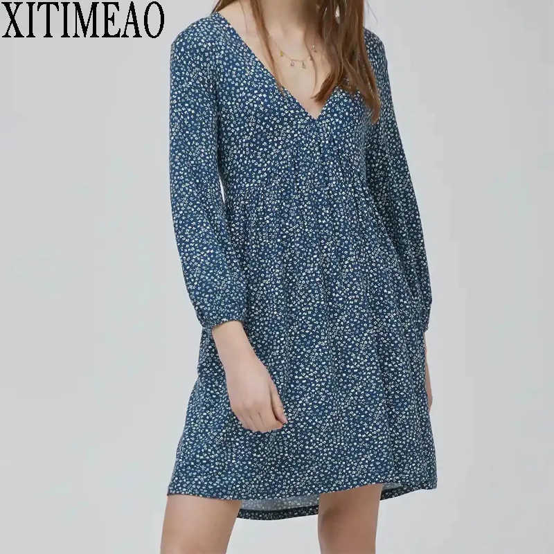 

ZA Women Spring V Neck Long Sleeve Retro Printing Loose Dress Female Chic Mini Dresses XITIMEAO 210602, Blue
