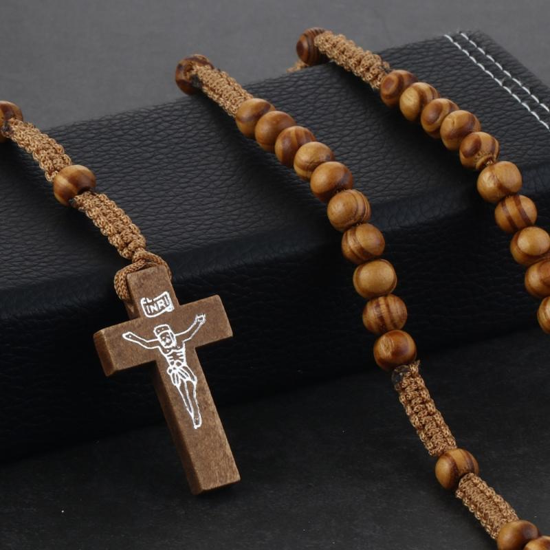 Pendant Necklaces Catholic Christ Wooden Rosary Beads For Women Men Cross Pendants Woven Rope Chain Jewelry Christmas Accessories-image-697624865