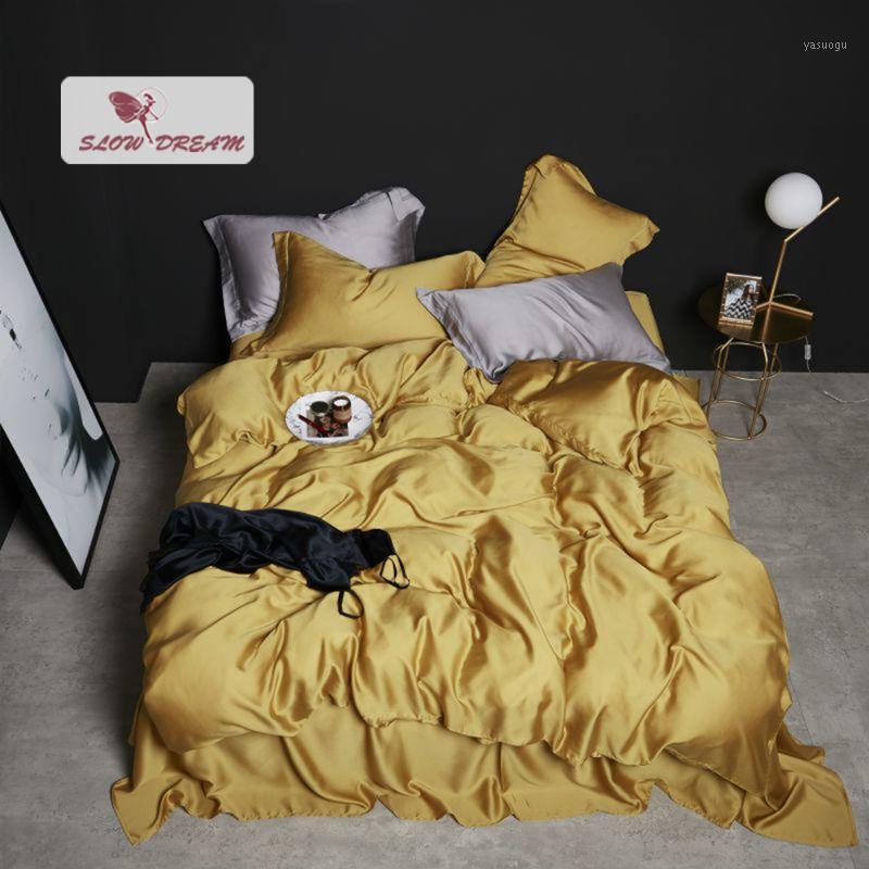 

Bedding Sets SlowDream Women 100% Silk Yellow Set For Skin Care Duvet Cover Healthy Flat Sheet Pillwocase  King Bed Linen, 007