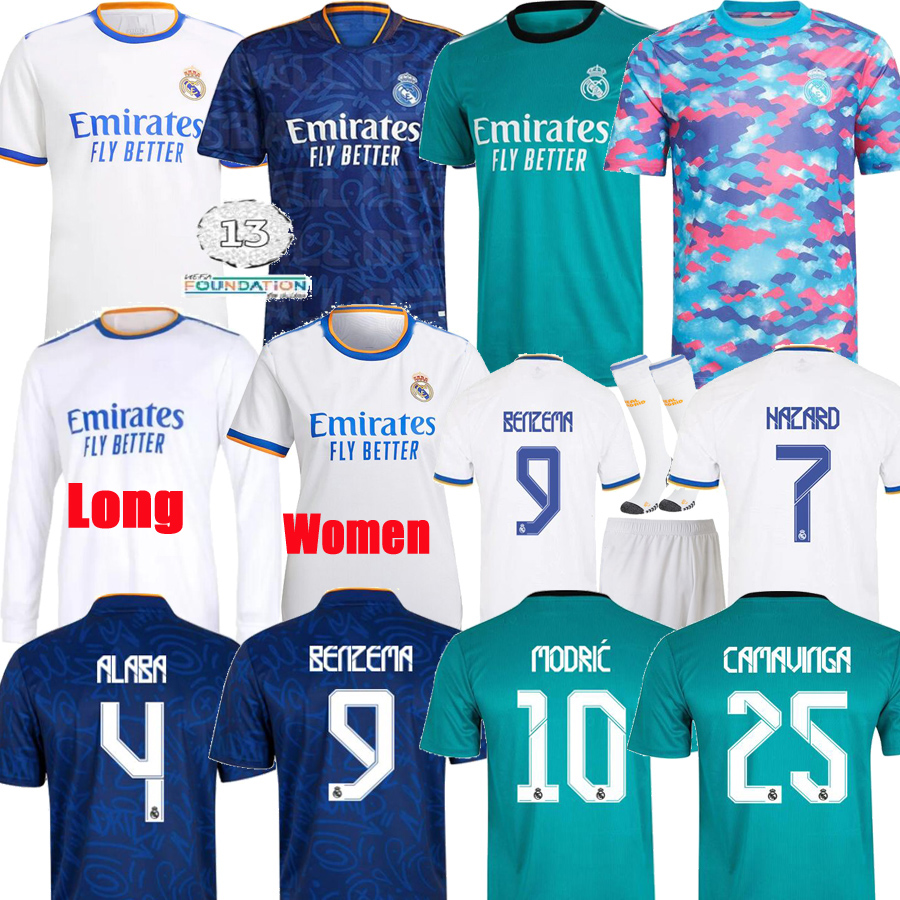 

REAL MADRID jerseys 21 22 soccer football shirt Camavinga Training Pre Match Long Women ALABA HAZARD BENZEMA MODRIC ASENSIO VINI JR Bale camiseta men kit 2021 2022, Kids 21 22 home