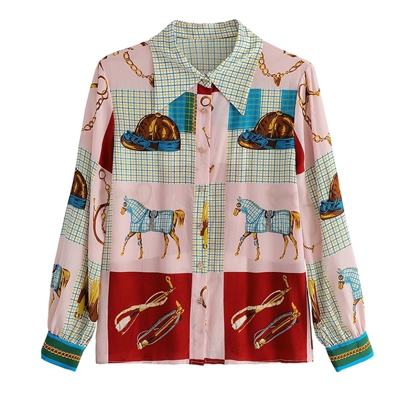 Fashion Women Blouses chian horse printing shirts Spring fall Blouse Long sleeve Tops Blusas Mujer 210317