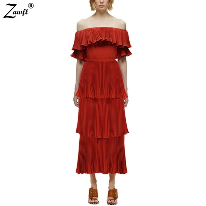 

ZAWFL Runway Self Portrait Off Shoulder Women Long Dress Chiffon Red Ruffles Cake Maxi Elegant Pleated Split 210525, Picture color