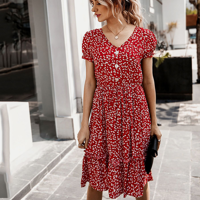 

20212021 summer elegant boho floral print midi dress women v neck button fashion beach ruffles dresses women sundresses vestidos, Black;gray