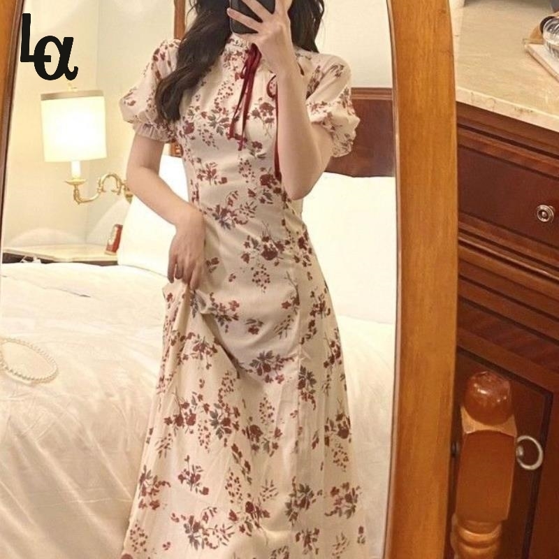 

Summer Elegant Vintage Dresses Women Floral Slim French Casual Fit Chic Dress Puff Sleeve A-line Party 210519, As picture