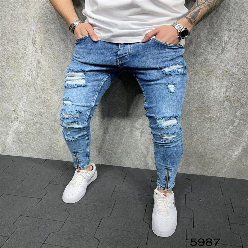 

Men's fashion personality washing and hole grinding jeans small foot hole opening zipper denim pants men's, Blue