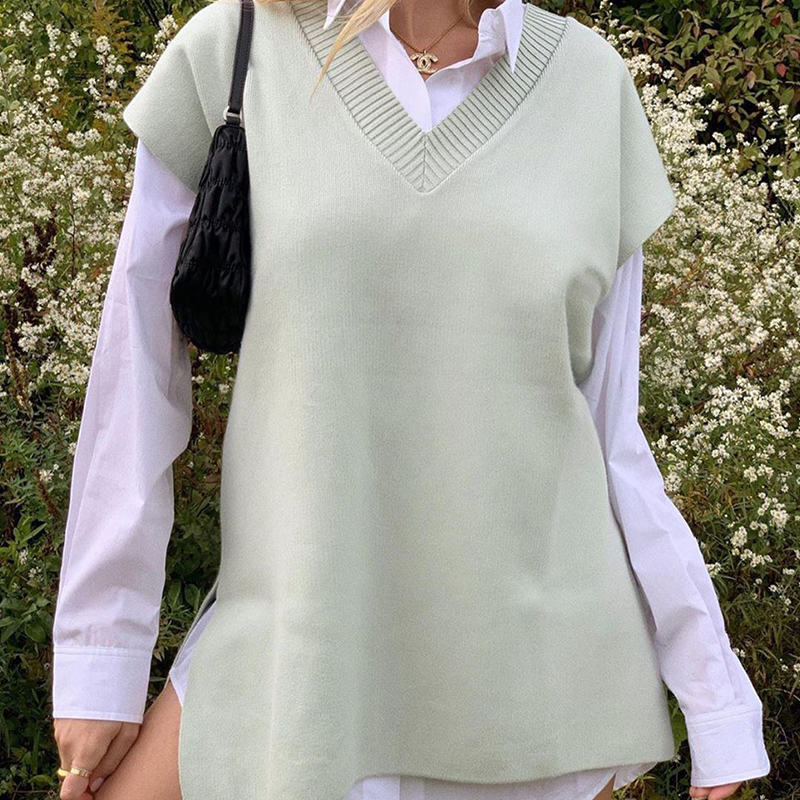 

evfer women casual sleeveless za green loose sweaters female elegant v-neck knitted autumn pullover girls autumn knitwear, Black
