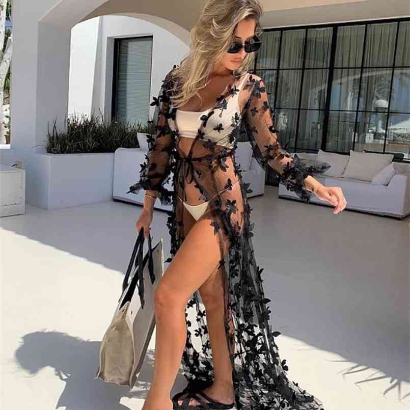

Organza Beach Dress White/Black Butterfly Cover up Long Pareos Bikinis s Swim Robe Plage wear 210722