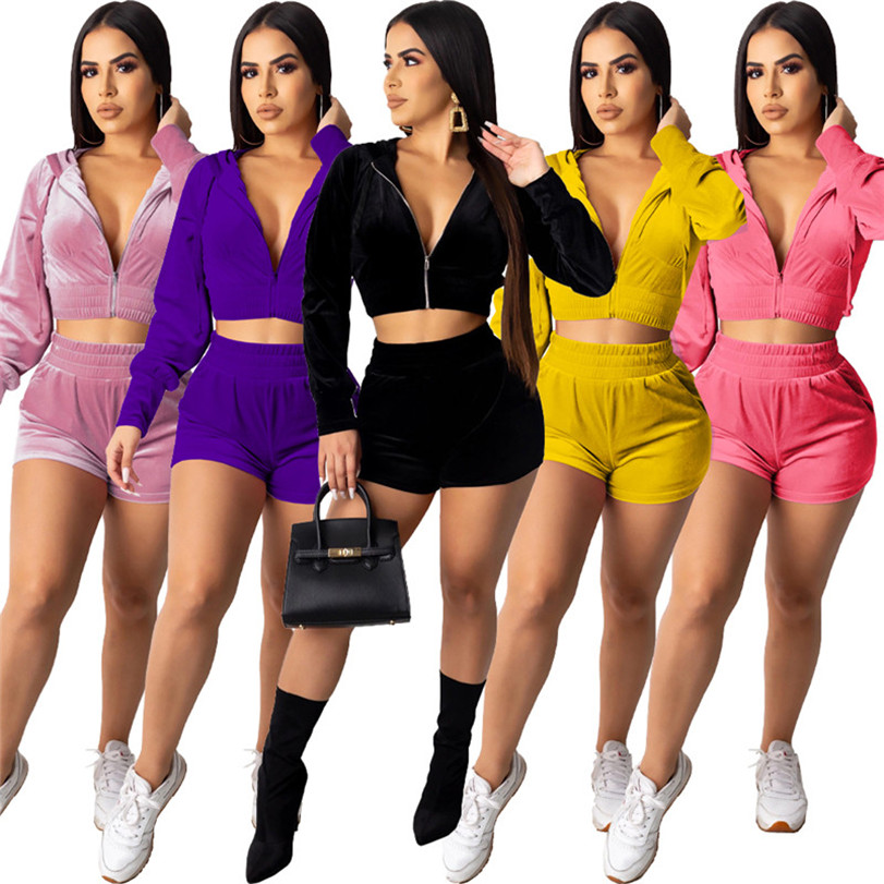 Femmes Automne Hiver Survêtements Velours Deux Pièces Ensemble À Manches Longues À Capuche Veste + Shorts XL Tenues Solide En Plein Air Jogging C