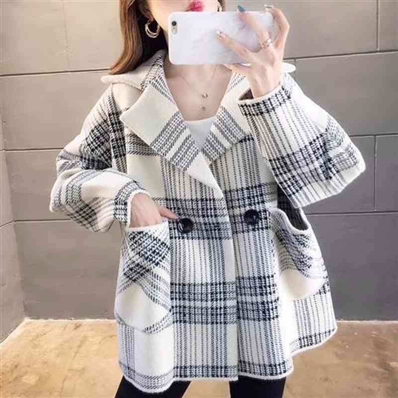 

Women's Jackets retro plaid wool coat, spring and autumn , casual knitted shirt, loose coat of half-length KTPL, 1# shoe box