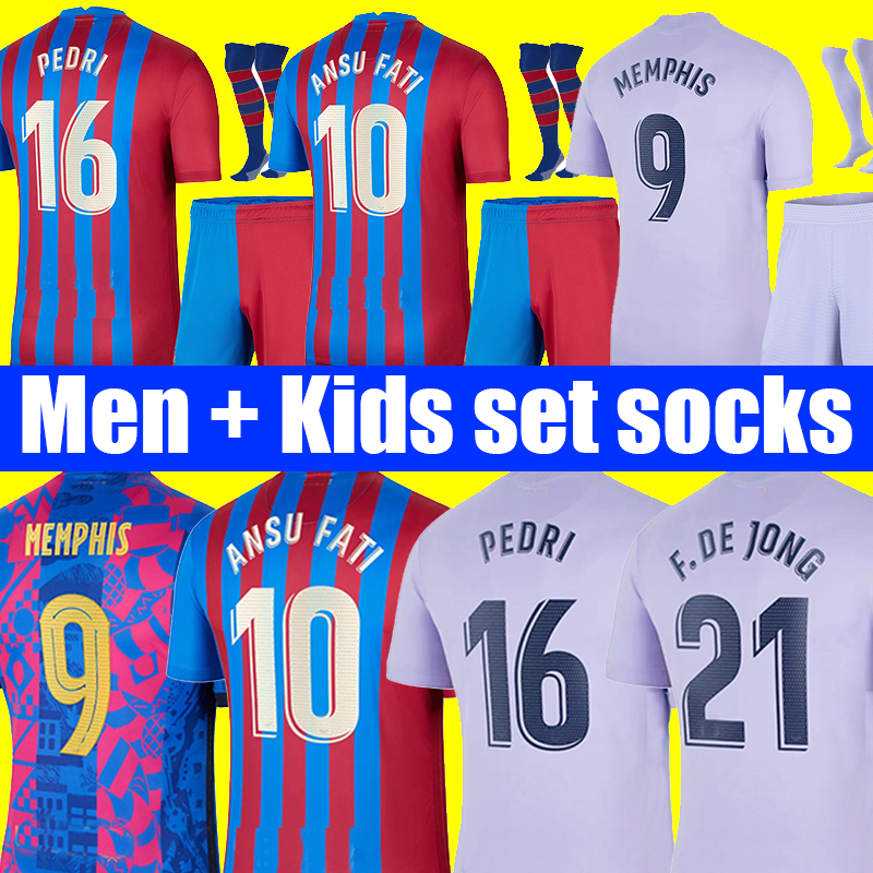 

Camisetas de football MEMPHIS PEDRI GAVI soccer jersey FERRAN home away 21 22 ANSU FATI 2021 2022 F. DE JONG DEST kit shirt men kids sets socks, Men home lfp