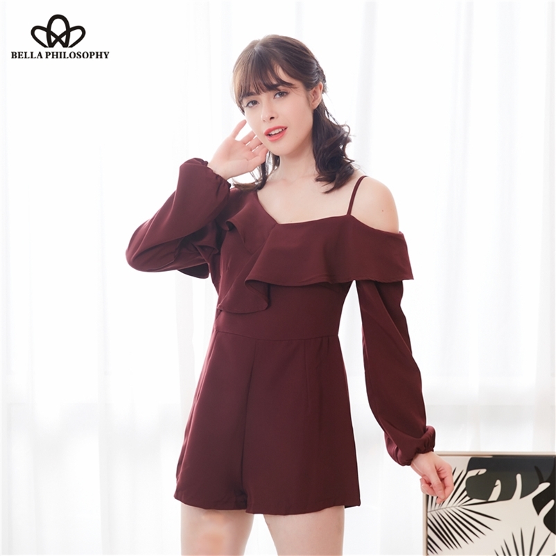 

Spring Sexy One Shoulder Romper Women Ruffles Cut Out High Waist Jumpsuit Female Wide Leg Ladies 210519, Black