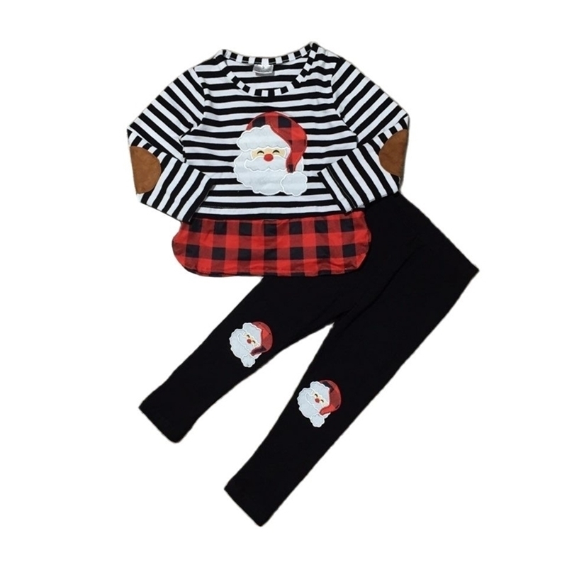 

Girlymax Baby Girls Winter Christmas Santa Claus Stripe Patch Plaid Top Pants Sets Cotton Boutique Ruffles Kids Clothing 211018, H25-2-1