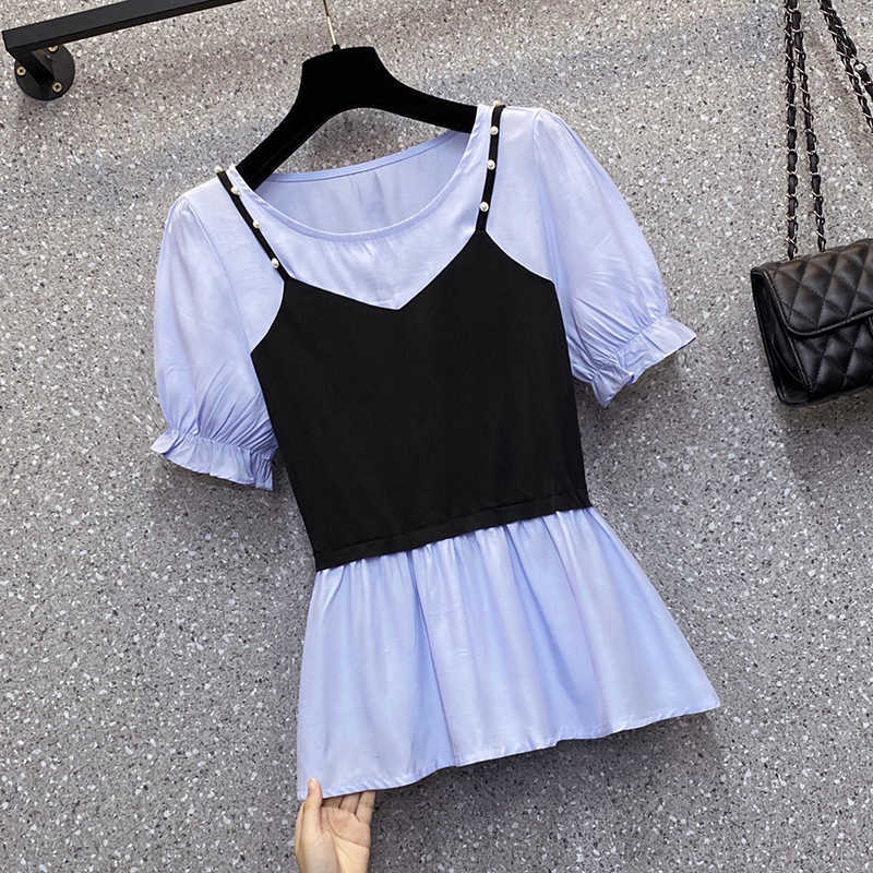 

Plus Size Blusas Femininas Fashion Patchwork Tops And Blouses Mujer Summer Femme Shirts Print Chiffon Women Blouses 210604, Blue