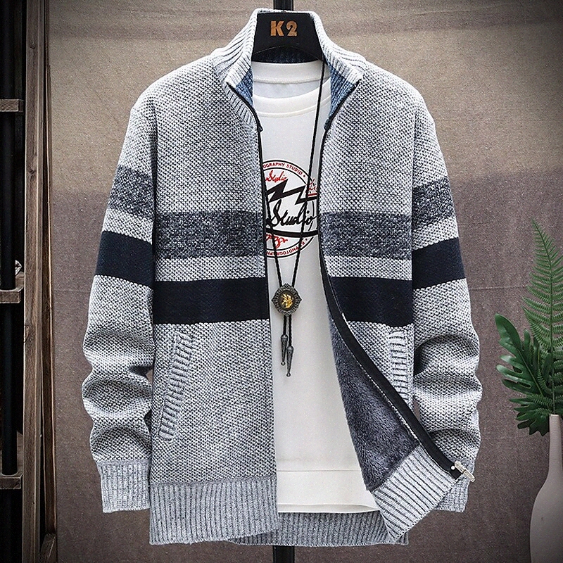 Men's Unisex Cardigan Sweater Knitted Color Block Stylish Long Sleeve Regular Fit Sweater Cardigans Stand Collar Fall Winter Blue Gray Dark Gra