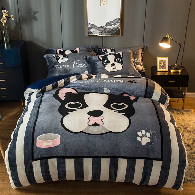 

Nordic Flannel Four-Piece Set Large Version Cartoon Extra Thick Warm Skin-Friendly Three-Piece Bed Sheet Set Baby Crystal Velvet Bedding, Foodie pig
