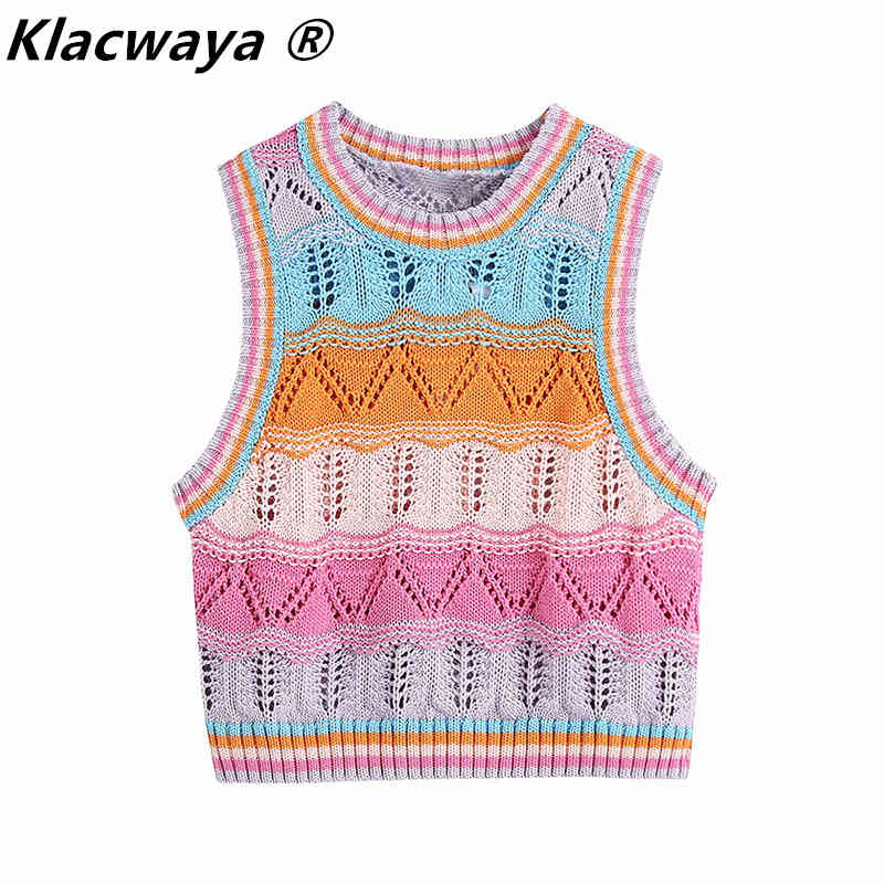 

Women Color Matching Hollow Out Crochet Short Knitting Sweater Lady Sleeveless Casual Slim Vest Crop Pullovers Tops 210521, As shown