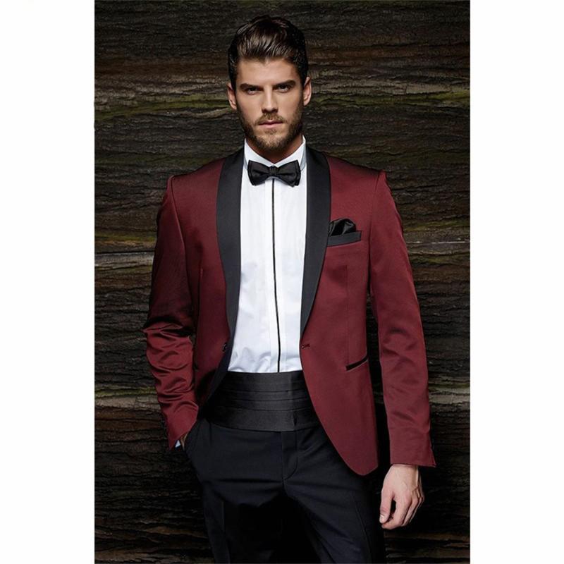 

Men's Suits & Blazers 2pcs Shawl Collar Burgundy Business For Wedding (Jacket+Pants+Belt)Custom Made Suit Set Tailored Dinner Party Wear, As picture