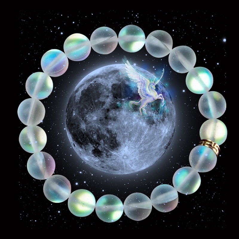 

2021 Handmade Mermaid Moonstone Glowing Aura Glass Bracelet Matte 8mm Elastic Glass Beads Bracelet for Her Women Christmas Gift, Black
