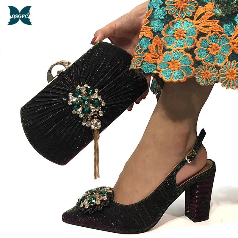 

African 2021 Selling D.Green Color Nigerian Fashion Italian Design Crystal Style Noble Party Ladies Shoes And Bag Set Dress, Black