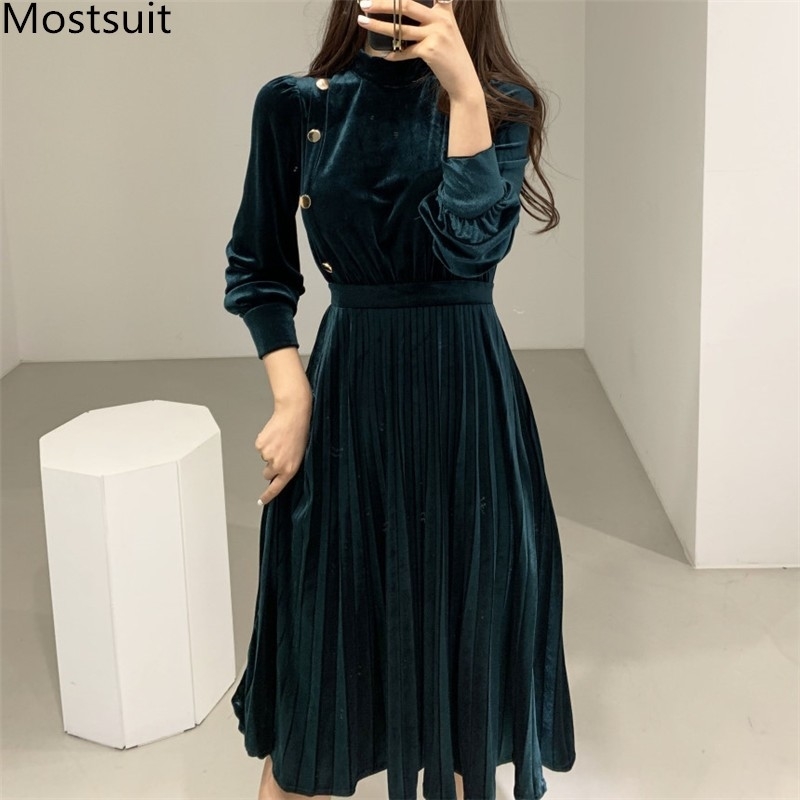 

Korean Vintage Velvet Buttons Dress Women Long Sleeve Stand Collar Pleated Dresses Elegant Basic Ladies Party Vestido Femme 210518, Peacock blue
