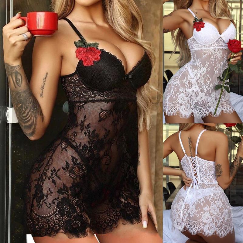 

Ladies Lace Nightdress 2021 Embroidered Mesh Hollow (Black Red White) Halter Babydoll Stitching Pajamas Yoga Outfit