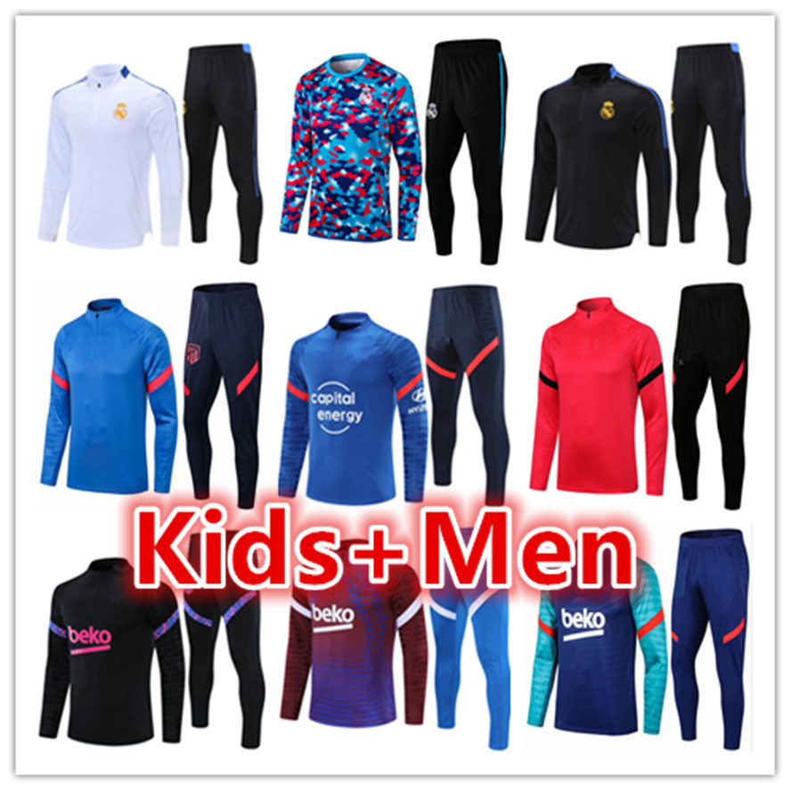 

Real Madrid mens + kids football tracksuits training suit sets 2021 2022 FC Barcelona; men kid designer soccer tracksuit jacket jogging kits chandal futbol, 18