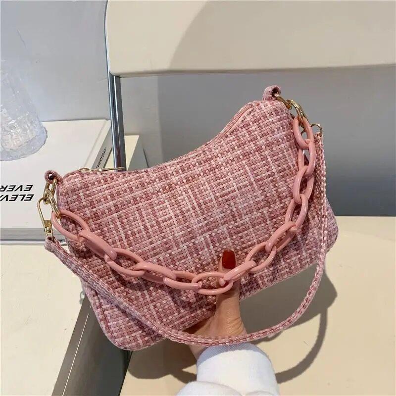 

Waist Bags Women Knitted Shoulder Bag Light Acrylic Chain Handbag Soft Cloth Tote Cute Small Underarm Sweet Zipper Purse For Ladies