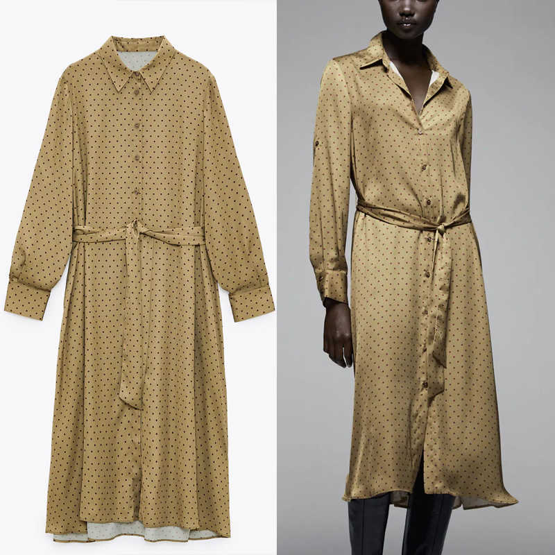 

Za Polka Dot Satin Shirtdress Women Elegant Long Sleeve Self Belt Midi Office Dress Woman Fashion Front Button Autumn Dress 210602, As picture