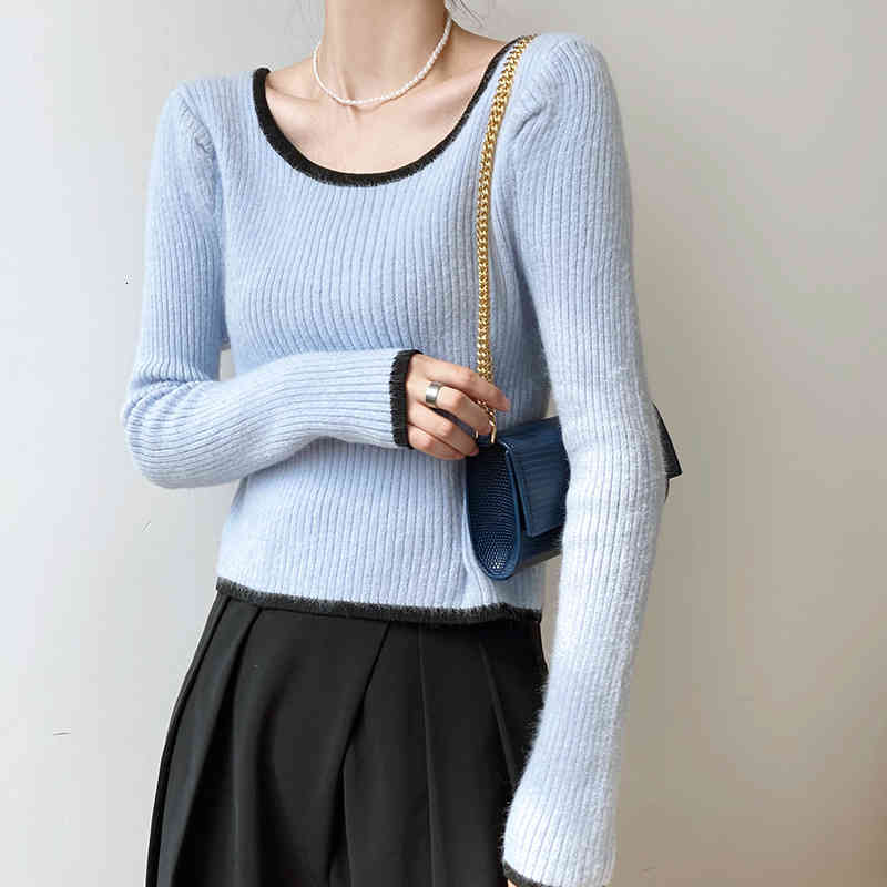 

Women' Knits & Tees U Collar Short Knitted Woman Sweaters Slim Elegant Contrast Color Long Sleeve Knitwear Basic Tops Winter Suet, White