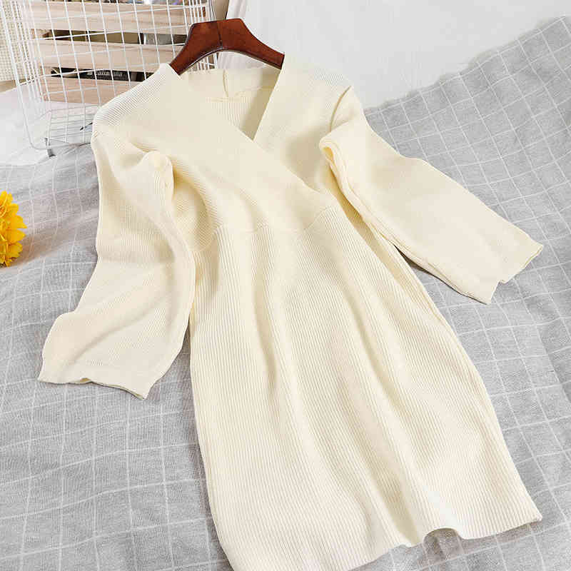 

Spring Arrivals Solid Color Knitted Long Sleeve V-neck High Waist Fashion Women Buttocks Mini Dress MZ924 210525, Black